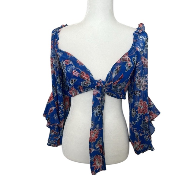 NWT MISA Los Angeles Ancora Blue Floral Chiffon Tie Front Cropped Top Reg. $275 - Picture 4 of 11